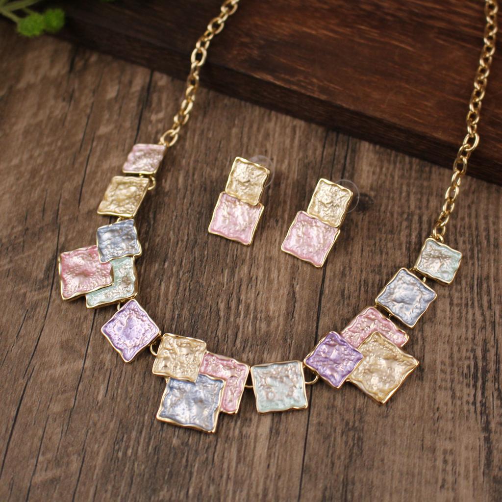 Colored Oil Geometric Square Earring Necklace Set