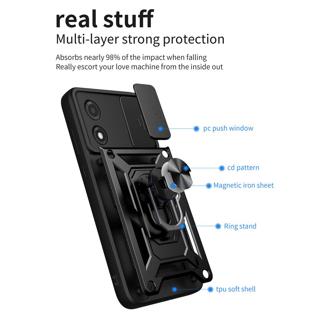 For Motorola Moto E13 4G Kickstand Slide Push Pull Camera Lens Protection Cover PC+TPU Mobile Phone Case