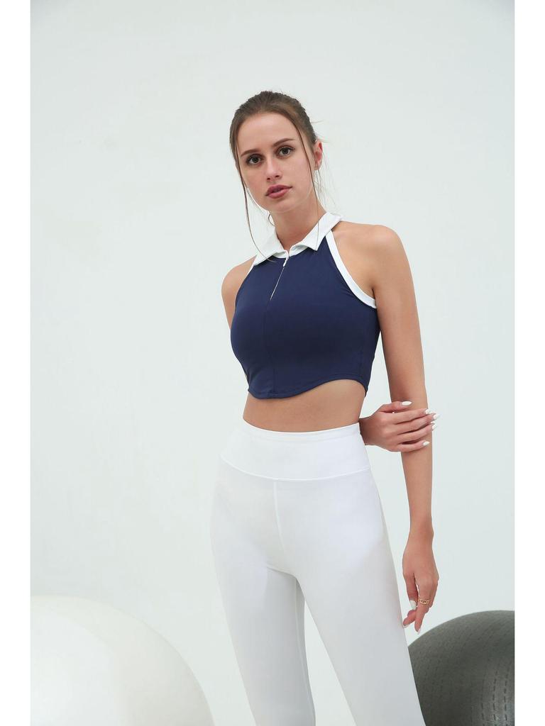 Women's Contrast Collar Sports Fitness Vest: Quick-Dry, High-Elastic, Chest-Padded, Zippered Top for Running & Yoga.