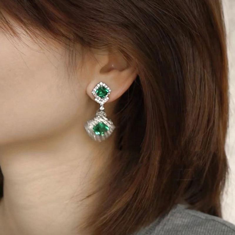 Retro Luxury Emerald Zirconia Stud Earrings with Micro-Set Diamonds - European & American Fashionable Design