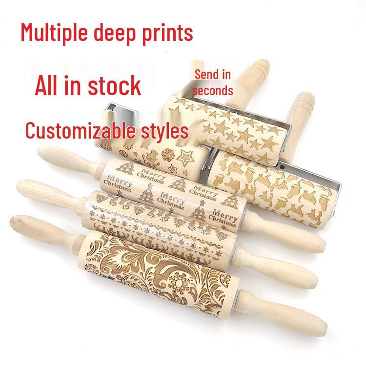 Popular Reindeer Print Laser-Engraved Wooden Rolling Pin for Christmas Cookie Baking