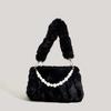 Autumn Winter Women Underarm Bag Pearls Beading Solid Female Plush Single Shoulder Bag Korean Fashion Classic Female Handbag