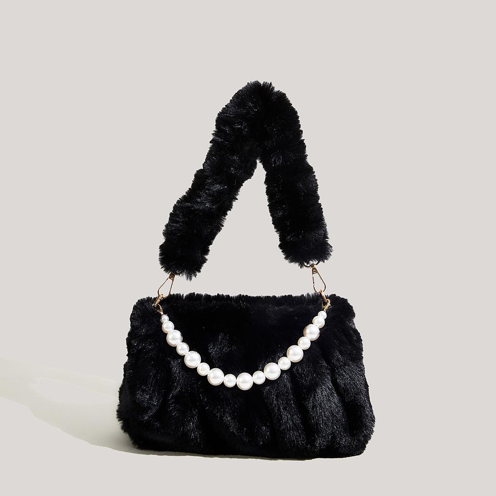 Autumn Winter Women Underarm Bag Pearls Beading Solid Female Plush Single Shoulder Bag Korean Fashion Classic Female Handbag