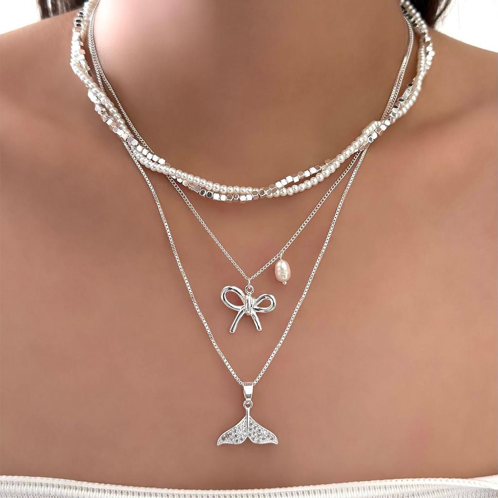 Schmetterlingsschleife Anhänger Halskette Mit Künstlicher Perle Mehrschichtige Kette Für Damen Und Herren