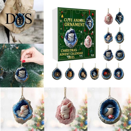 Christmas Advent Calendar Geode Animal 2025 2D Acrylic Forest Animals Tree Hanging Charms Xmas Ornaments 12 Days Countdown for Holiday Decor Gifts