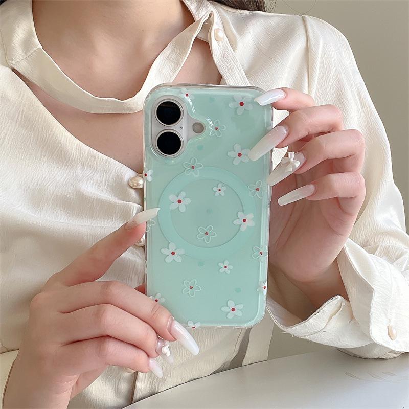 Mint Green & White Floral Magnetic Stand Case for iPhone 17/16 Pro Max/15 Pro