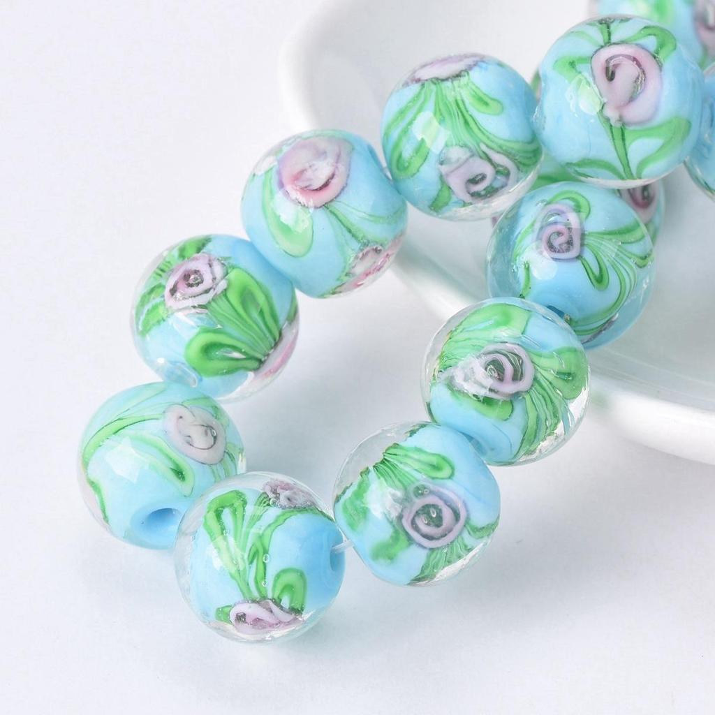 10pcs Round 12mm Flower Pattern Handmade Lampwork Glass Loose Beads For Jewelry Making Accessories DIY Crafts Findings