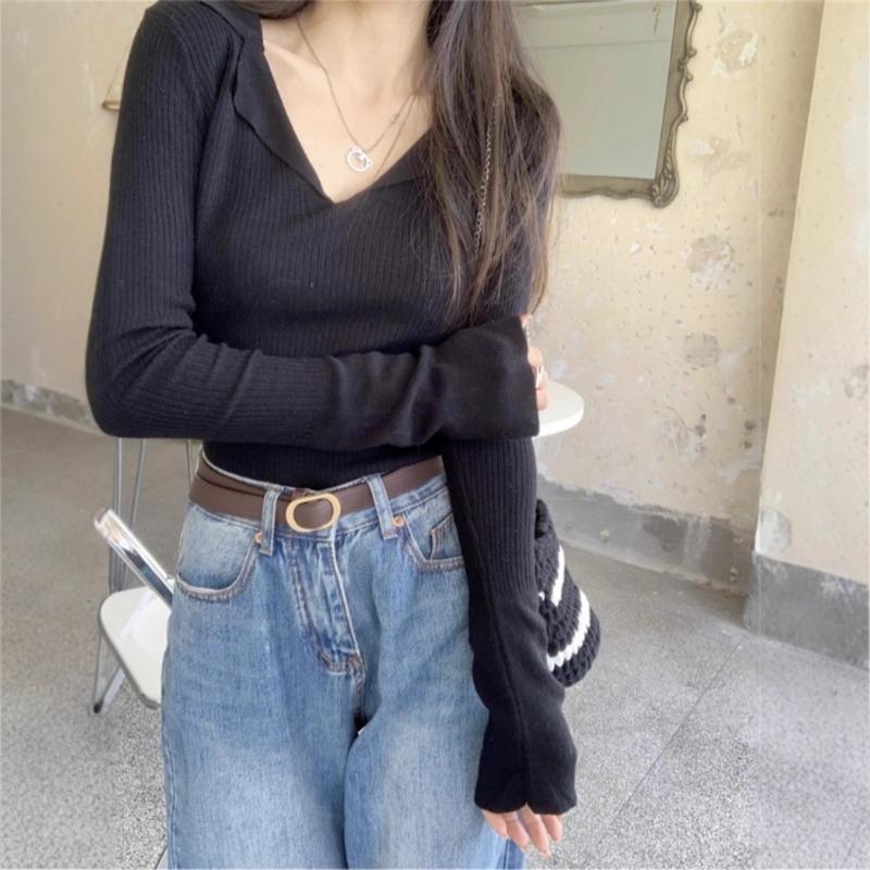Chic Lapel Pure Desire Bottoming Shirt Women's Early Autumn Inner High-end Sweater Slim-fitting Long-sleeved Knitted Sweater Top