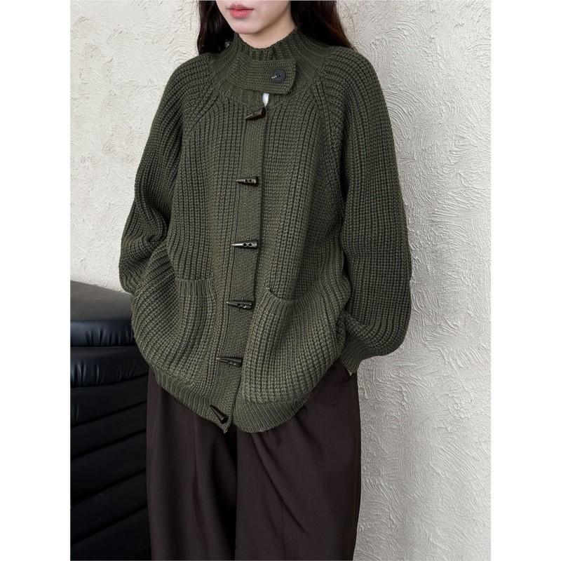 Johnature Cardigan Lento Vintage a Maglia Grossa Stile Francese Maglione Donna Autunno Inverno Bottone a Leva Casual Versatile Giacche