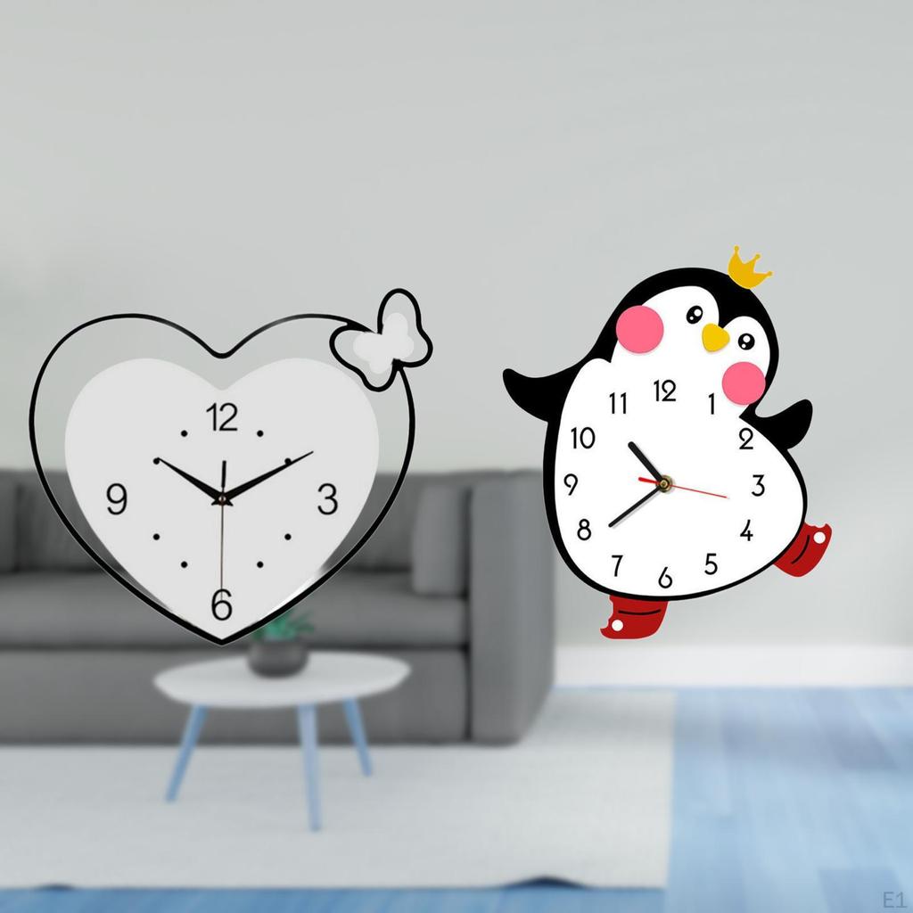 Creative Acrylic Penguin Wall Clock Lovely Decorative Art Quiet Movement for Study Room Cafe Office
