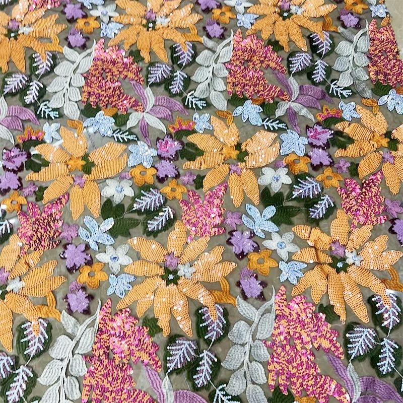 Floral Sequin Bead Embroidery Fabric Lace Tulle Fabric for DIY Sewing Girl Dress Party Dress Wedding Dress Handmade Fabric