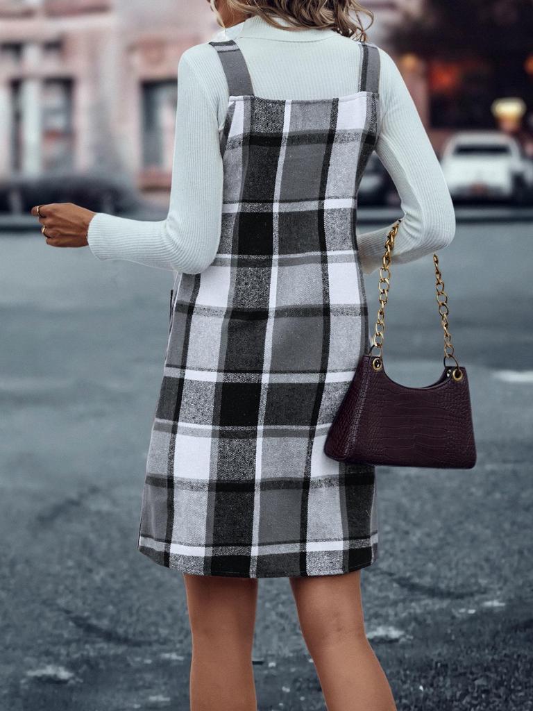 Chic Women's Plaid Suspender Skirt with Pockets – Casual Fashion for Spring and Autumn