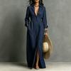 Europe, America, autumn and winter new casual style long dress fashion bag solid color button long sleeve lapel dress