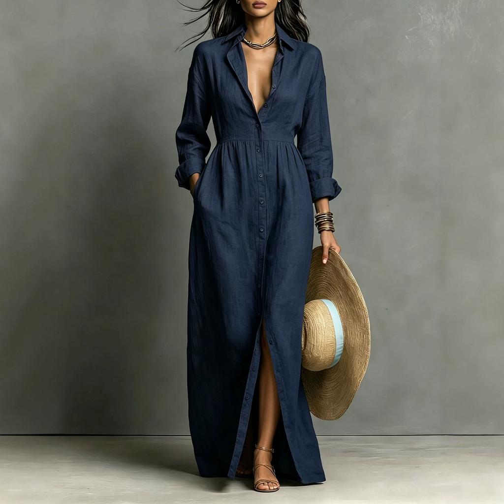 Europe, America, autumn and winter new casual style long dress fashion bag solid color button long sleeve lapel dress