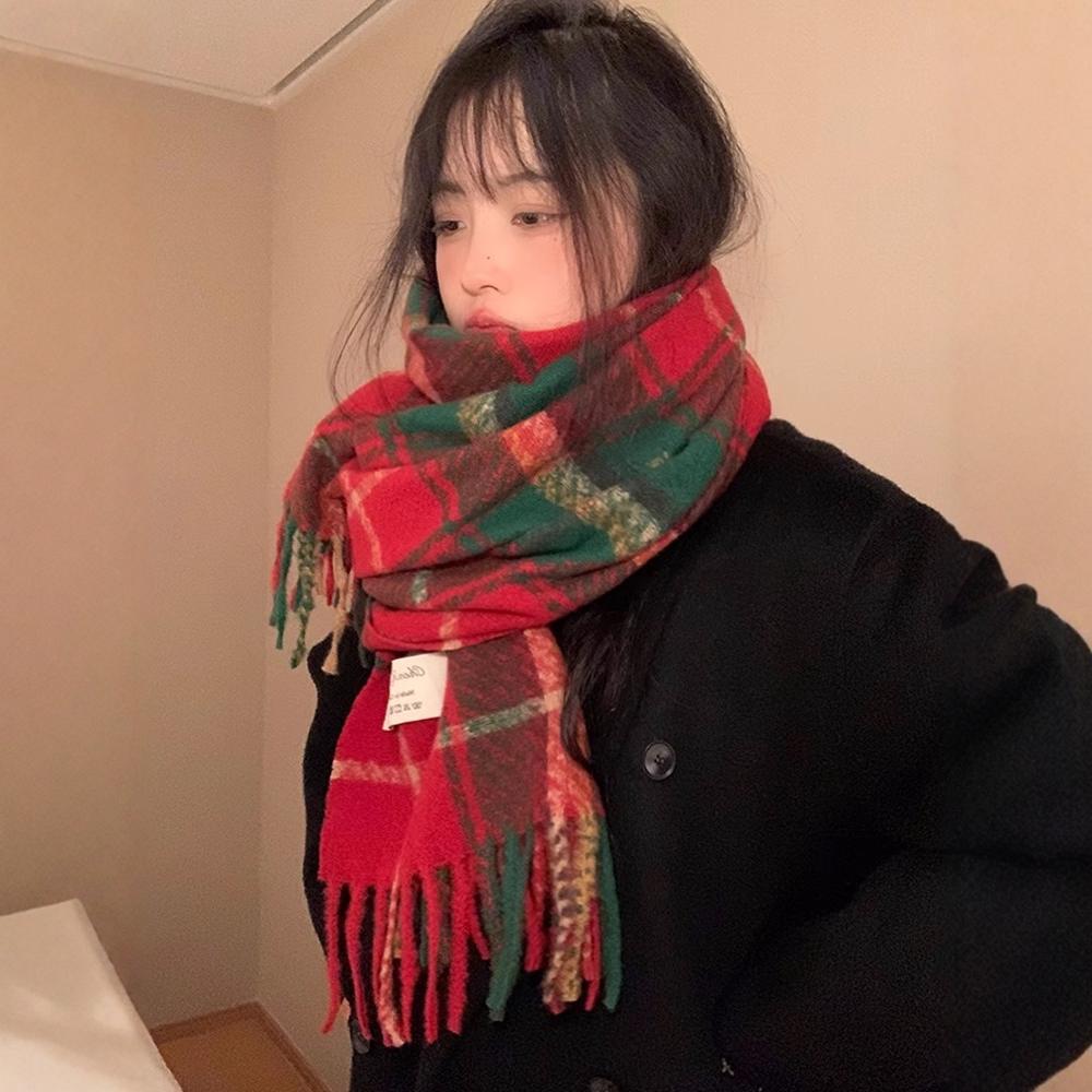 Red Scarf Women's Winter Korean Version Plaid Versatile Warm Imitation Cashmere High-end Trendy New Year's Gift Christmas Scarf