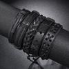Men's Handmade Multi-Layer Black Leather Braided Bracelet Set - 5 Pieces, Hip Hop Style.