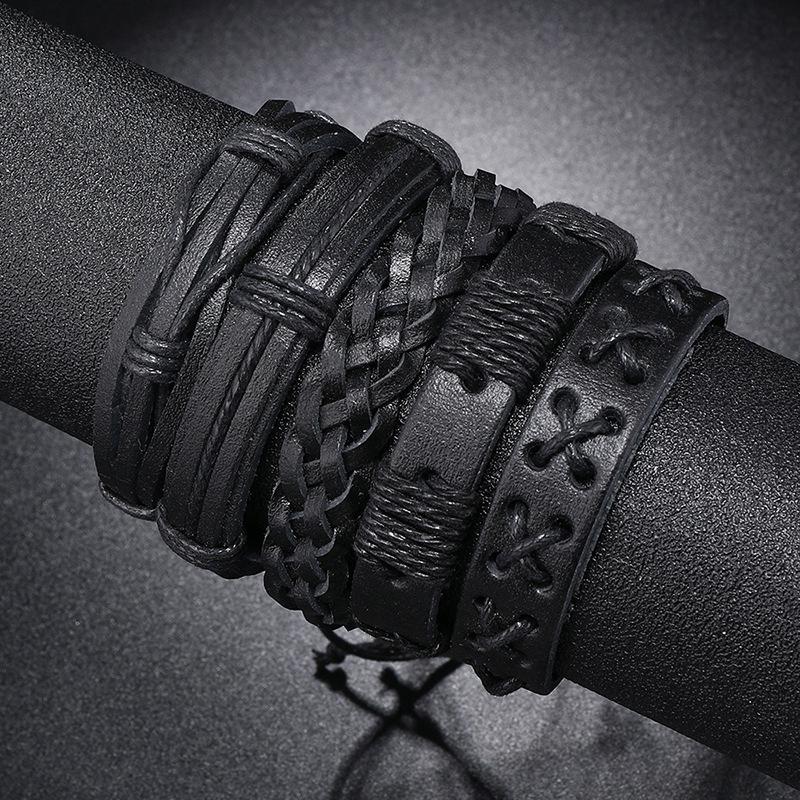 Men's Handmade Multi-Layer Black Leather Braided Bracelet Set - 5 Pieces, Hip Hop Style.
