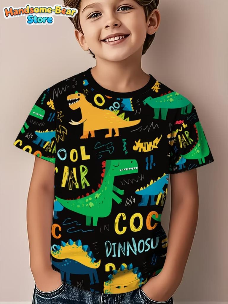 Boys Clothes Dinosaur Colorful Cartoon 3D Print Boys' T-Shirt Summer Short Sleeve Tops O-Neck Outdoor Casual Children's Clothing