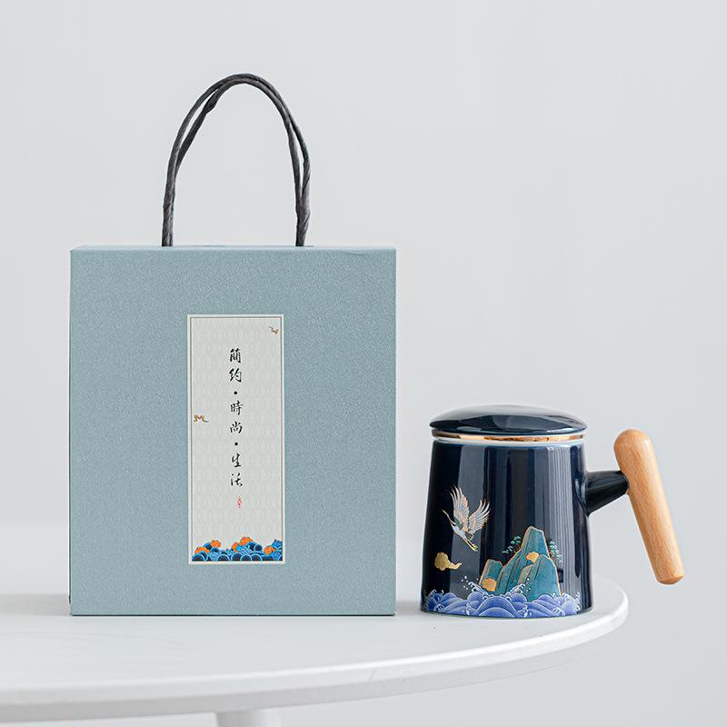 Ceramic Tea Cup with Lid Tea Separation Cup Filter Water Cup Creative Wooden Handle Cup Office Cup Gift Cup Guochao