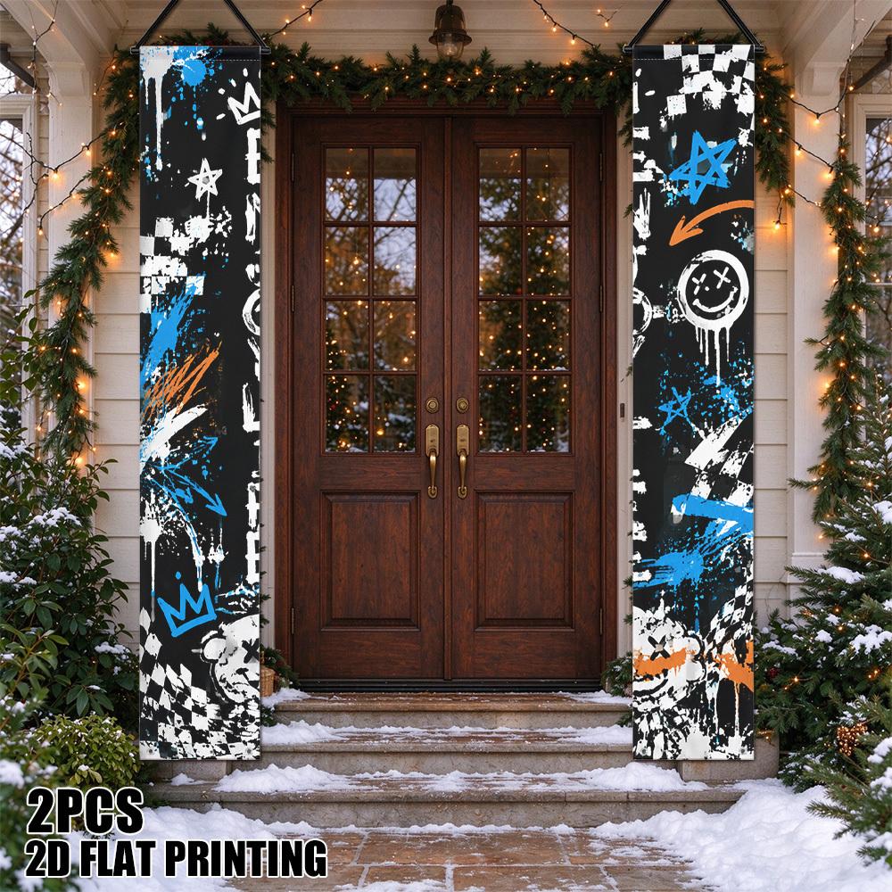 2D Flat, 2D Flat - 2D Door Banner 2D Flat, 2D Flat - 2D Door Banner 2D Flat Printing 2pcs Graffiti Joy Life Crown Door Banners, Porch Signs for Indoor