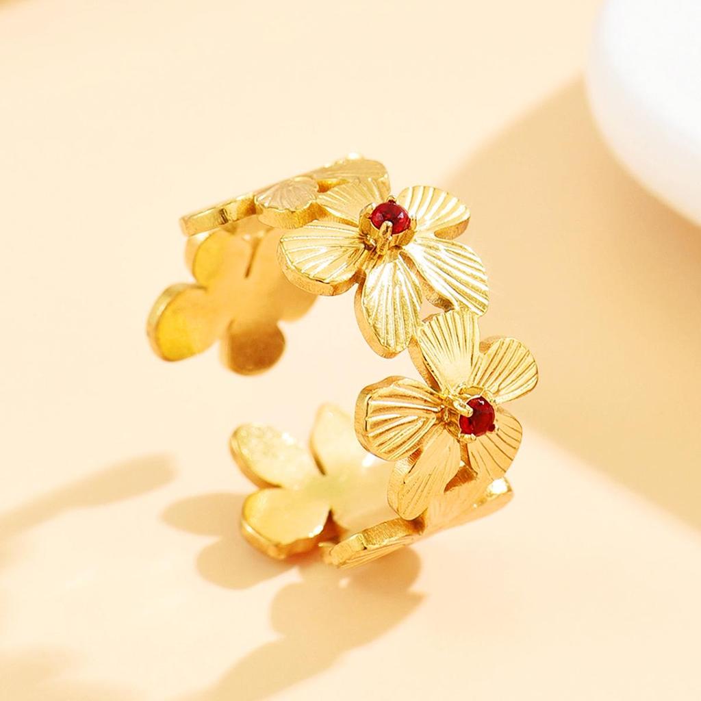 Adjustable Floral Gold-Plated Stainless Steel Ring - Fade Resistant, European & American Resort Style for Women