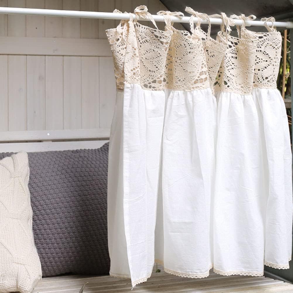 vctops Cotton Crochet Splicing Tier Curtains Tie Top Semi Sheer Cafe/Kitchen Curtains Rustic Short Curtain for Small Windows, 1 Panel (White,