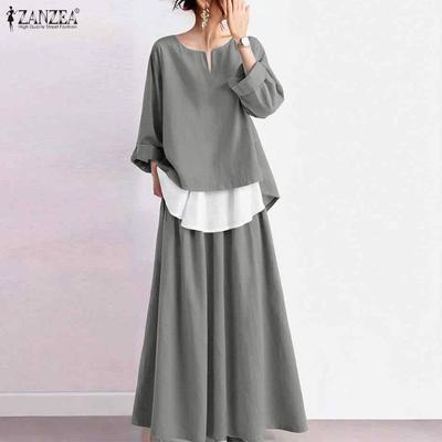 Women Long Sleeve Blouse and Long Skirts Casual Two Piece Suit Sets