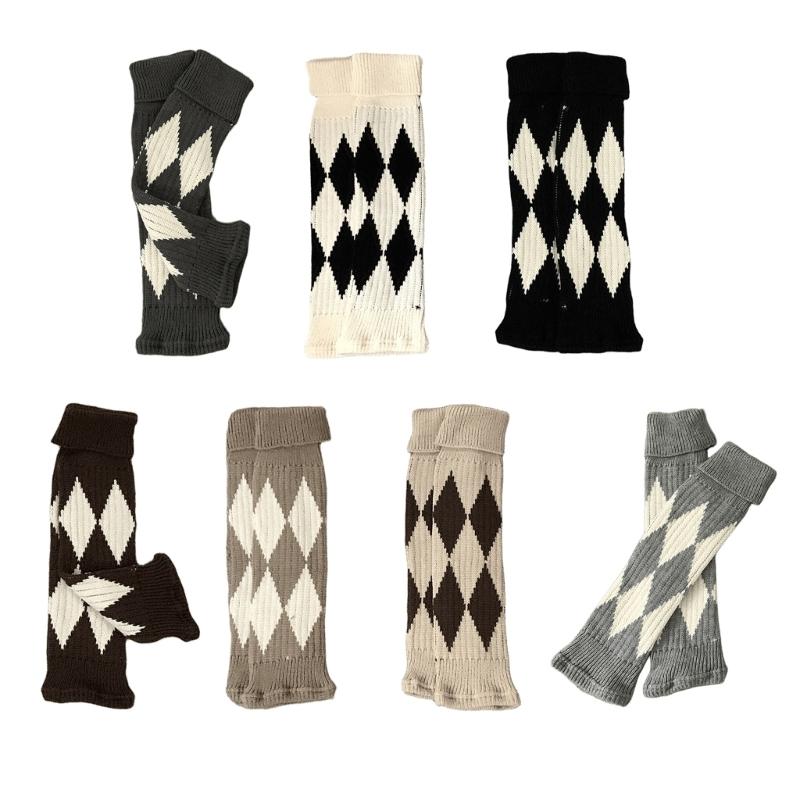Argyle Pattern Wool Knitted Turn Cuffs Leg Warmers for Women and Students Cold Weather Foot Covers Footless Calf Socks