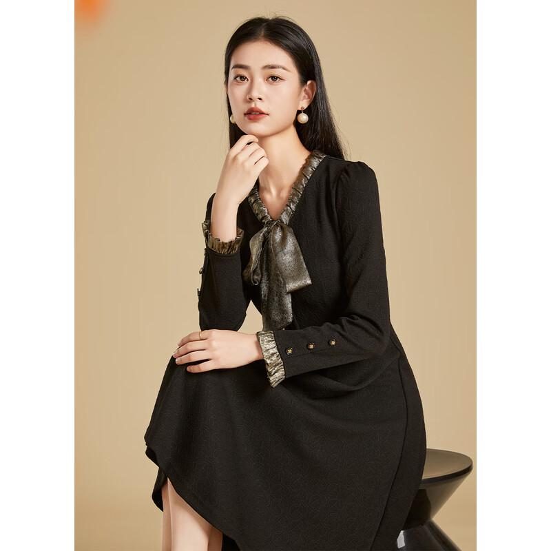 Kebeier 2025 New Autumn Long-Sleeve Black Bow Collar A-Line Dress