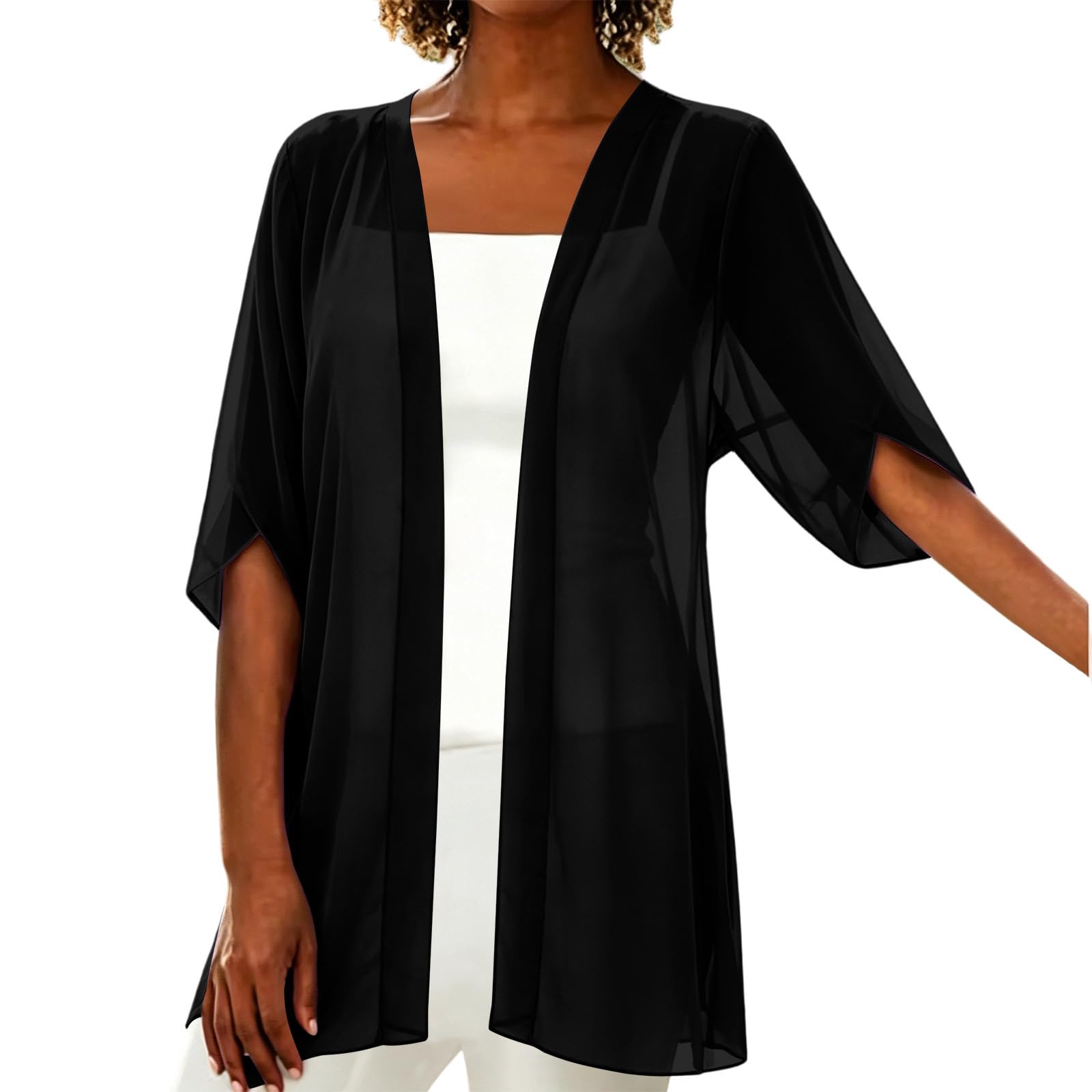 Women s Color 3/4 Sleeve Chiffon Cardigan - Lightweight Summer Loose Fit Open Front Casual Outerwear for Women L