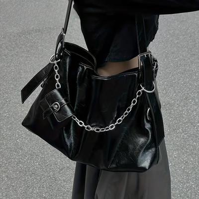 Schwarze große Kapazität Achseltasche Spicy Girl Pendlerstil Tragetasche Mutter und Kind Tasche Freizeit Vielseitig Retro Kette Große Damentasche