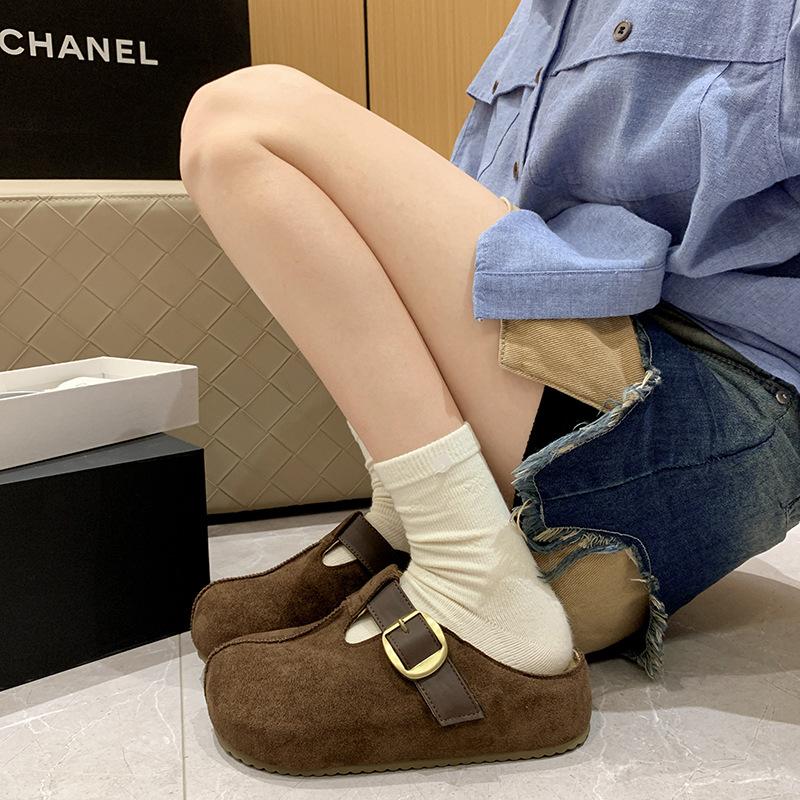 2025 Autumn New Leather Thick-soled Bag Head Half Slippers Women's Heightened Soft-soled Casual Retro Outer Boken Shoes