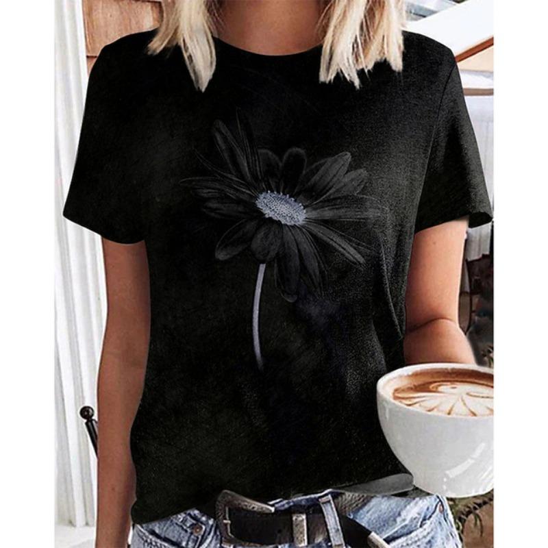 Summer Women's Fashionable Short Sleeve T-Shirts 3d Flower Print Round Neck Pullovers Loose Casual Tops Trendy Women Clothing