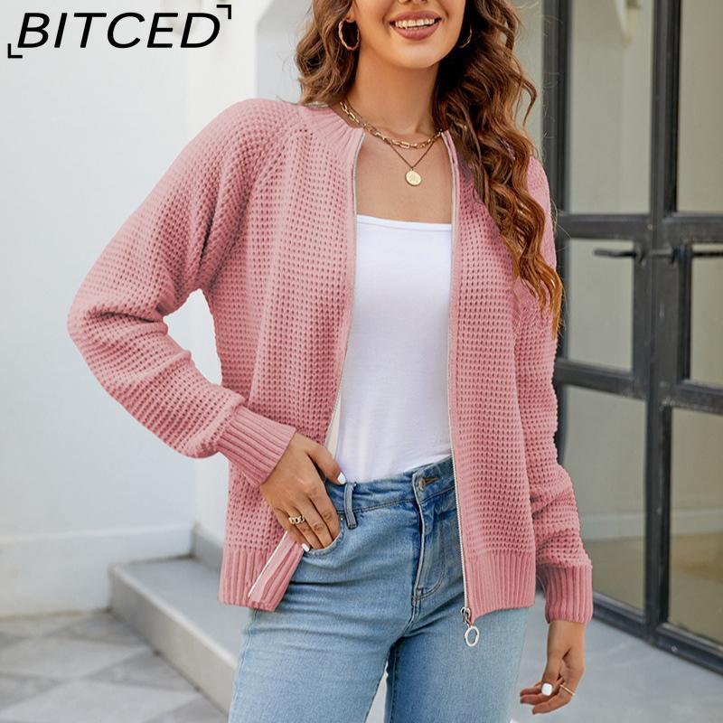 

BITCED Autumn/Winter Women s Solid Colour Zip-Up O-Neck Knitted Cardigan L розовый
