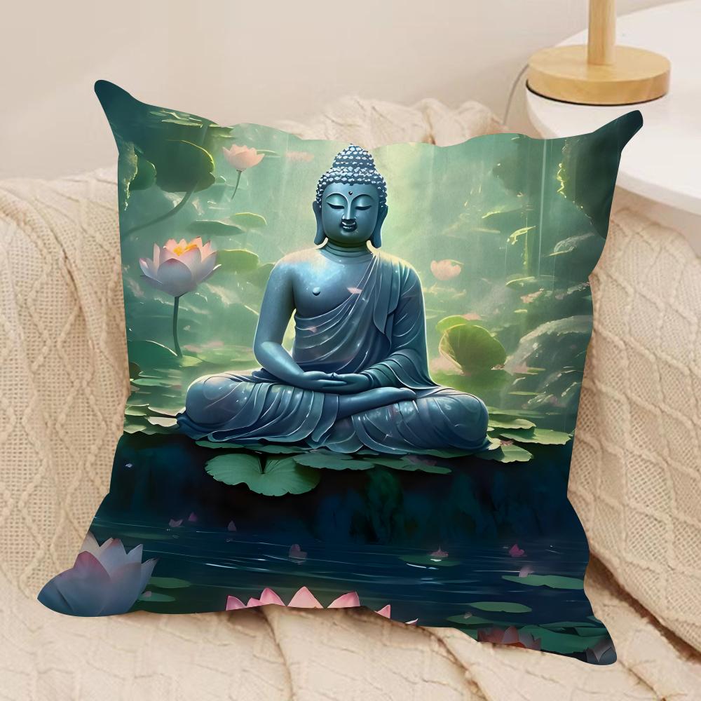 Buddha Statue And Lotus Cushion Cover Silky Short Plush Sofa Pillow Cover Hidden Zipper Soft Dustproof Case For Home Decor