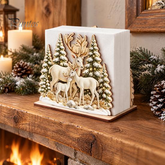 Sturdy Wood Tissue Holder Wooden Christmas Reindeer Napkin for Dining Table, Winter Forest Table Decor Theme Decorative Stand, Festive Kitchen