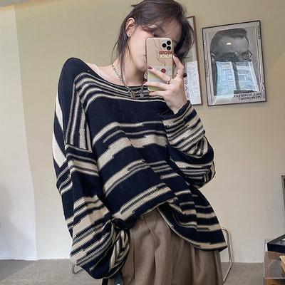 Striped Sweater Women Long Sleeve Loose Patchwork Gothic Knitted Jumpers Hip Hop Autumn Retro Oversize Pullover