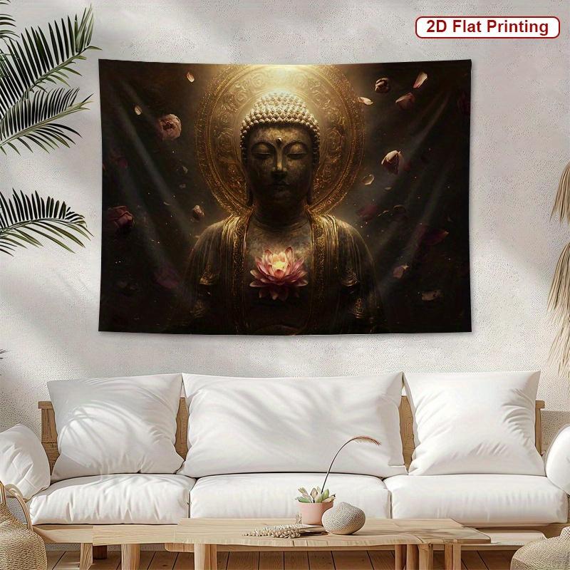 Buddha Lotus Tapestry  Golden Serene Buddha with Floating Pink Lotus Spiritual Wall Artfor Bedroom or Dorm Decor