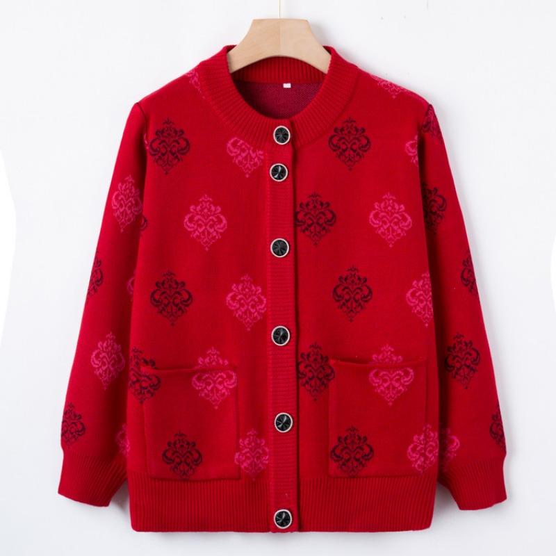 Early autumn grandma sweater cardigan middle elderly knitted autumn coat crew neck top mother mother-in-law clothes