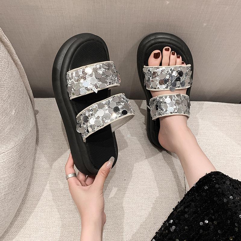 Ciabatte da Donna alla Moda con Paillettes Sandali da Spiaggia Estivi con Fondo Spesso a Punta Aperta Stile Coreano Leggere Comode Scarpe da Esterno