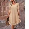 2025 Spring/Summer Women's Retro Cotton-Linen Mid-Sleeve Loose Swing Dress