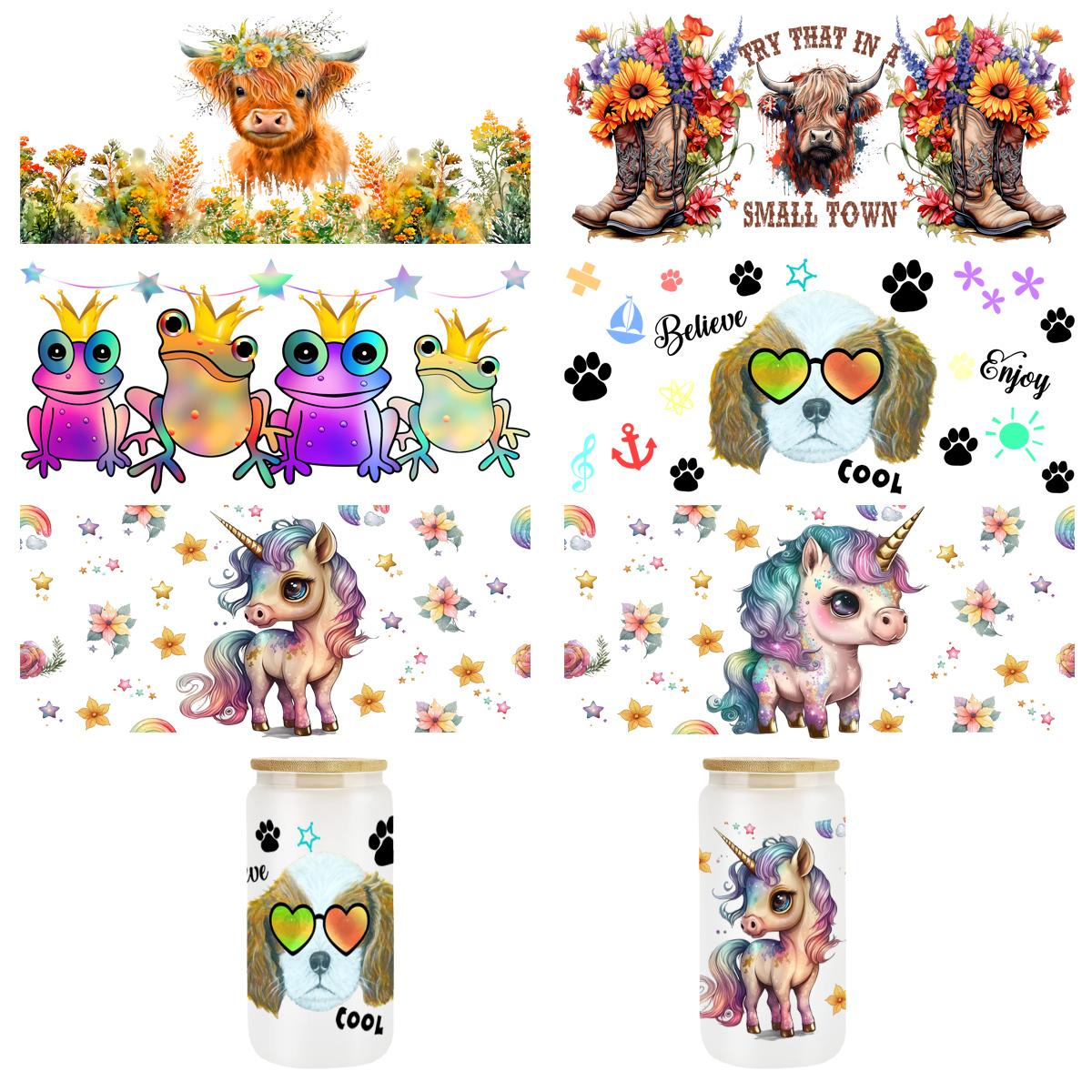 

Милые животные, УФ-DTF обертывания для чашек, переводная наклейка, кристаллическая этикетка для стеклянной бутылки 16 унций, 3d УФ-обертывания для чашек, водонепроницаемые наклейки