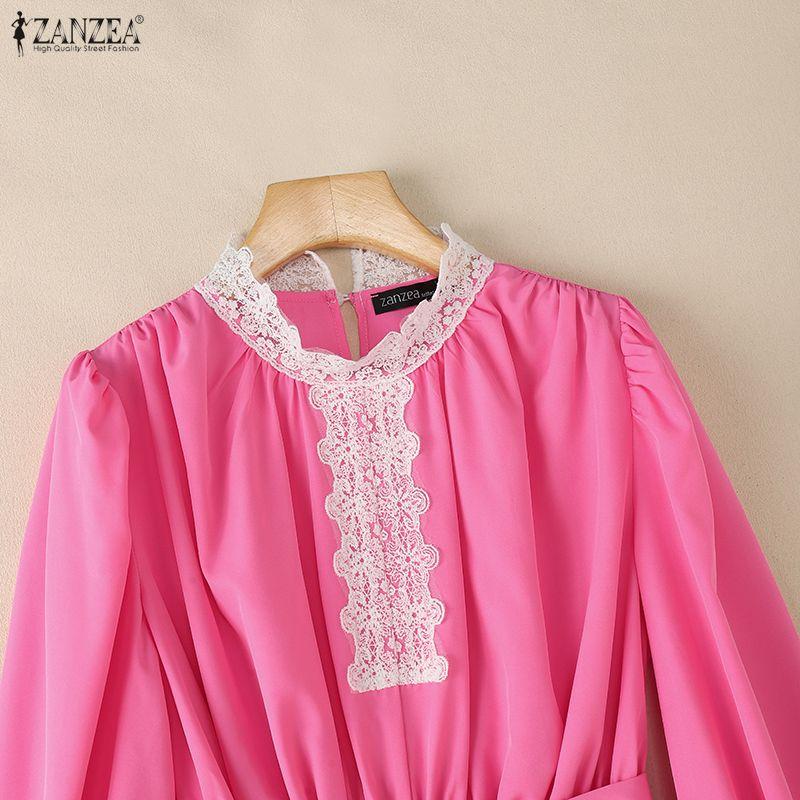 ZANZEA Women Lace Splice Stand Collar Casual Long Sleeve Blouse
