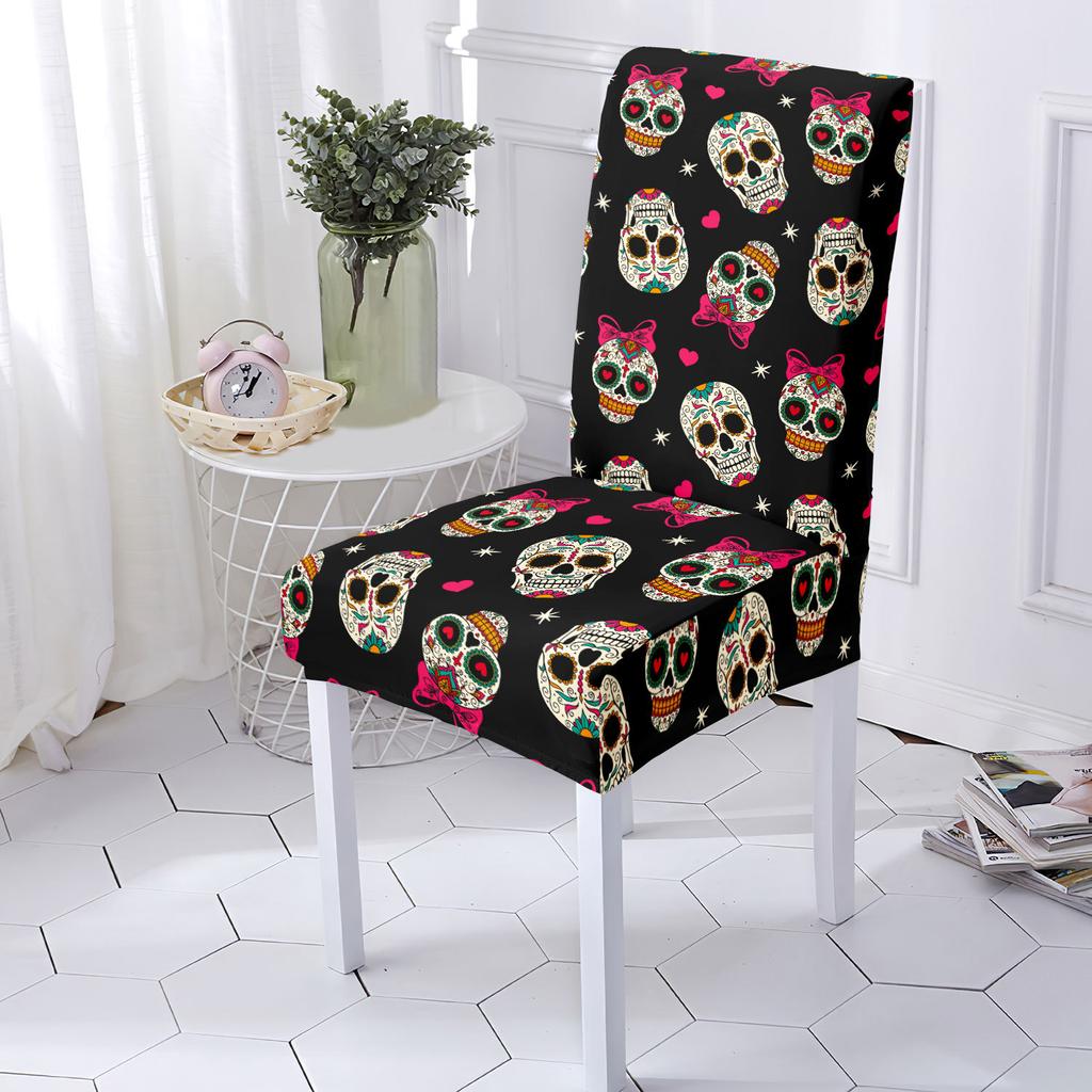 Elastic Chair Cover Skull Print Non-Slip Decorative Snug-Fit Machine Washable Seat Cover Halloween Holiday Decor Chair Protector