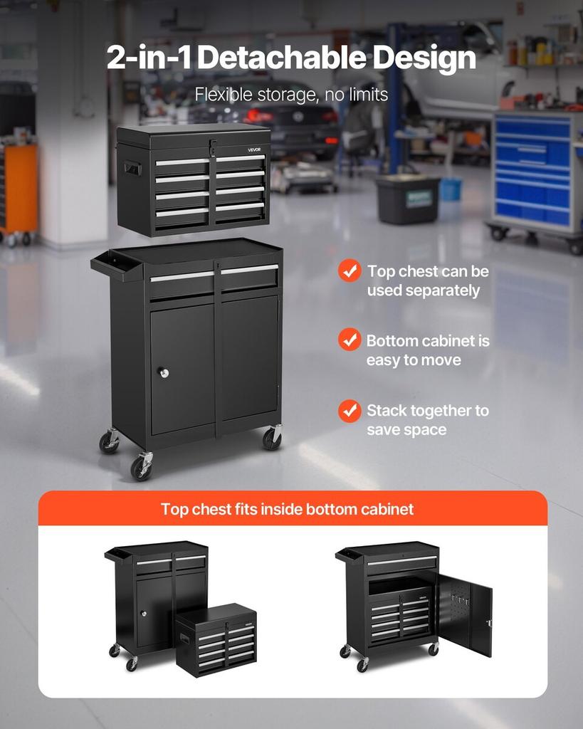Coffre à outils à roulettes, Conception 2-en-1, Organiseur d'armoire à outils à 5 tiroirs avec Top détachable, Boîte à outils en métal, Barre de verrouillage, Revêtement de protection et Porte-outils,