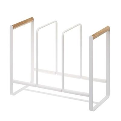 Dish Plate Storage Rack 3 Compartments Multifunctional Wooden Handle Iron Wire Pot Lid Bowl Organizer for Kitchen