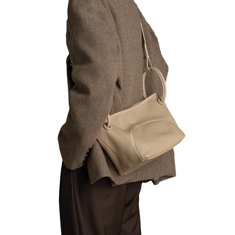 The First Layer Of Cowhide Niche Commuter Cowhide Single Shoulder Crossbody Portable Vegetable Basket Bucket Bag Soft Leather Bag Women'S Versatile