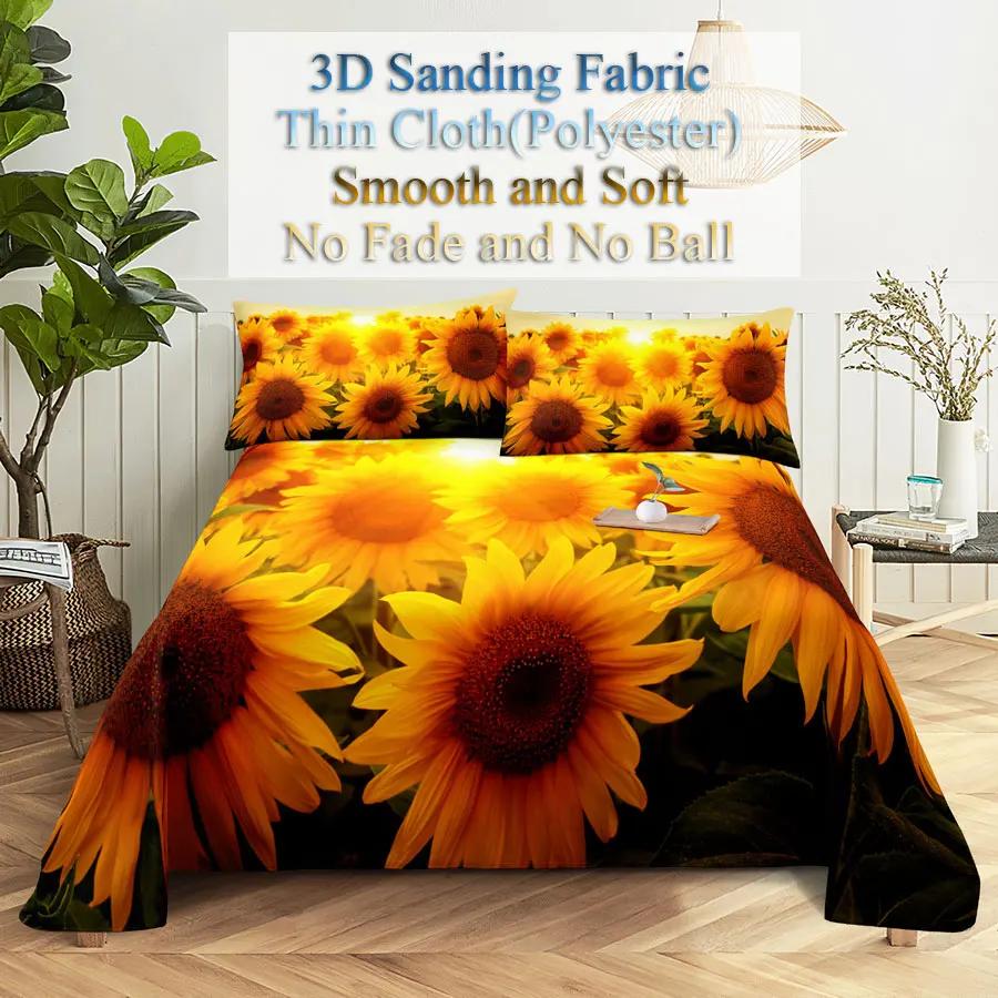 Sunflower Bed Sheets and Pillowcases for Single Double Beds Bedsheets Set with Pillow Case 2pcs 3pcs Queen Full Size 3D Soft