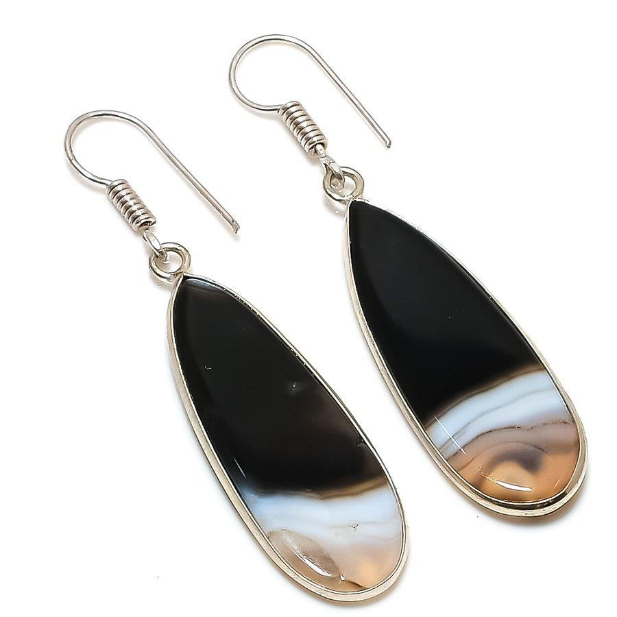 Natural Banded Agate Gemstone Handmade 925 Sterling Silver Jewelry Earring 2.05" AE-13414