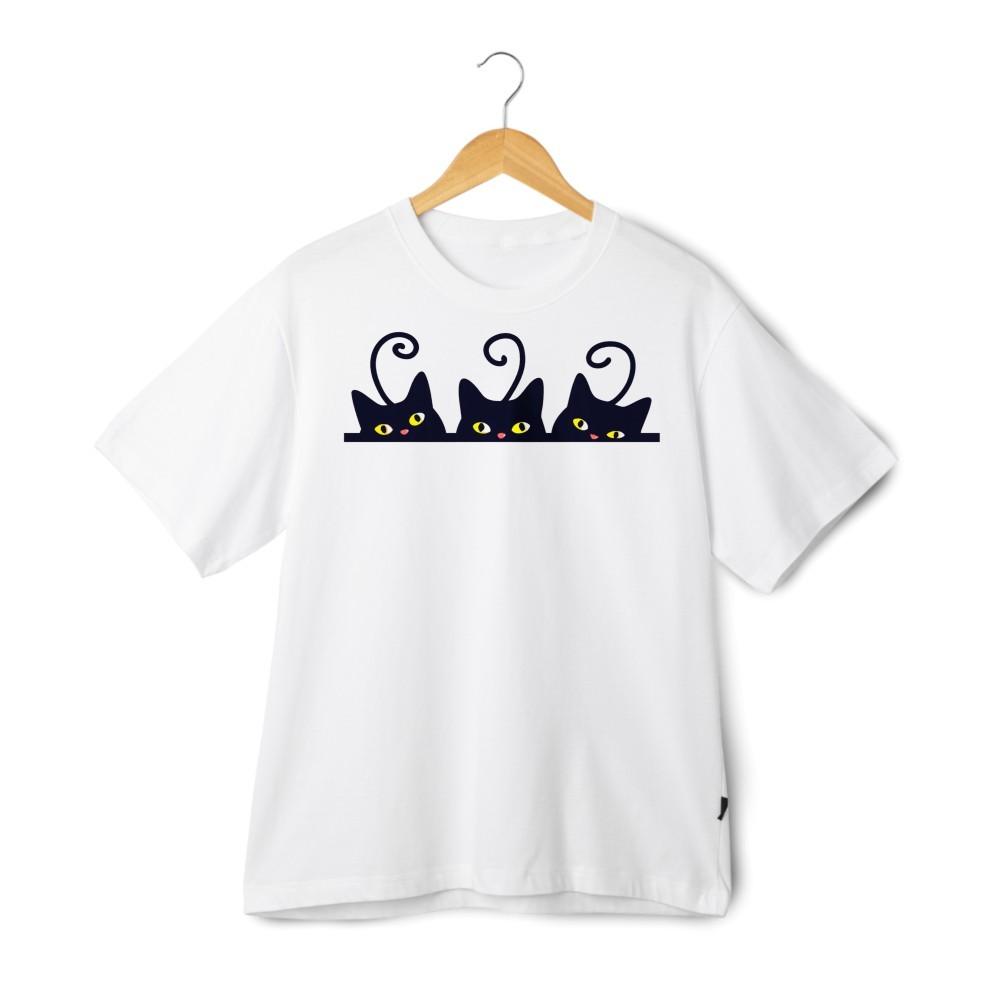 Peeking Black Cats Graphic T-Shirt Cute Minimal Cat Lover Streetwear Tee Unisex M